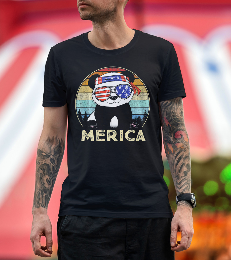 Panda Bear Merica 4th of July Stars and Stripes Bandana and Sunglasses T-Shirt