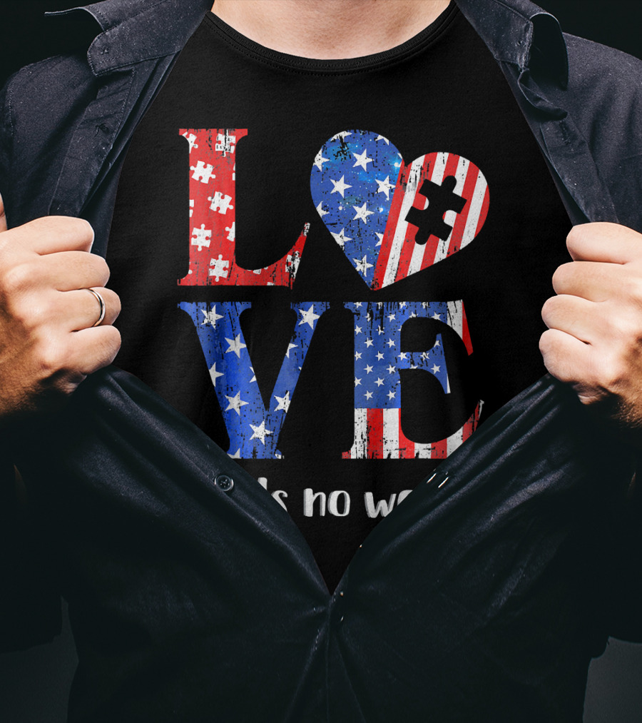 Love Needs No Words Autism Awareness American Flag Puzzle T-Shirt