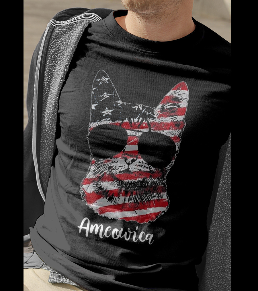 Ameowica Cat Wearing American Flag Pattern With Sunglasses T-Shirt