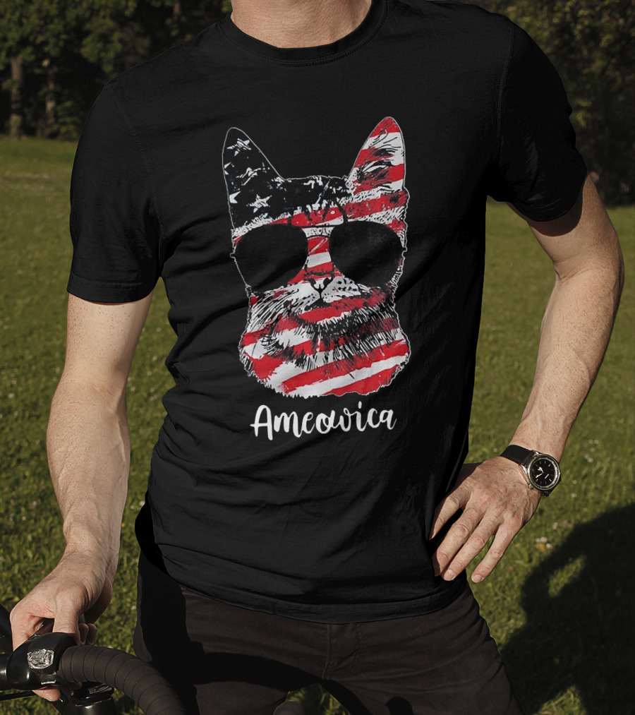 Ameowica Cat Wearing American Flag Pattern With Sunglasses T-Shirt