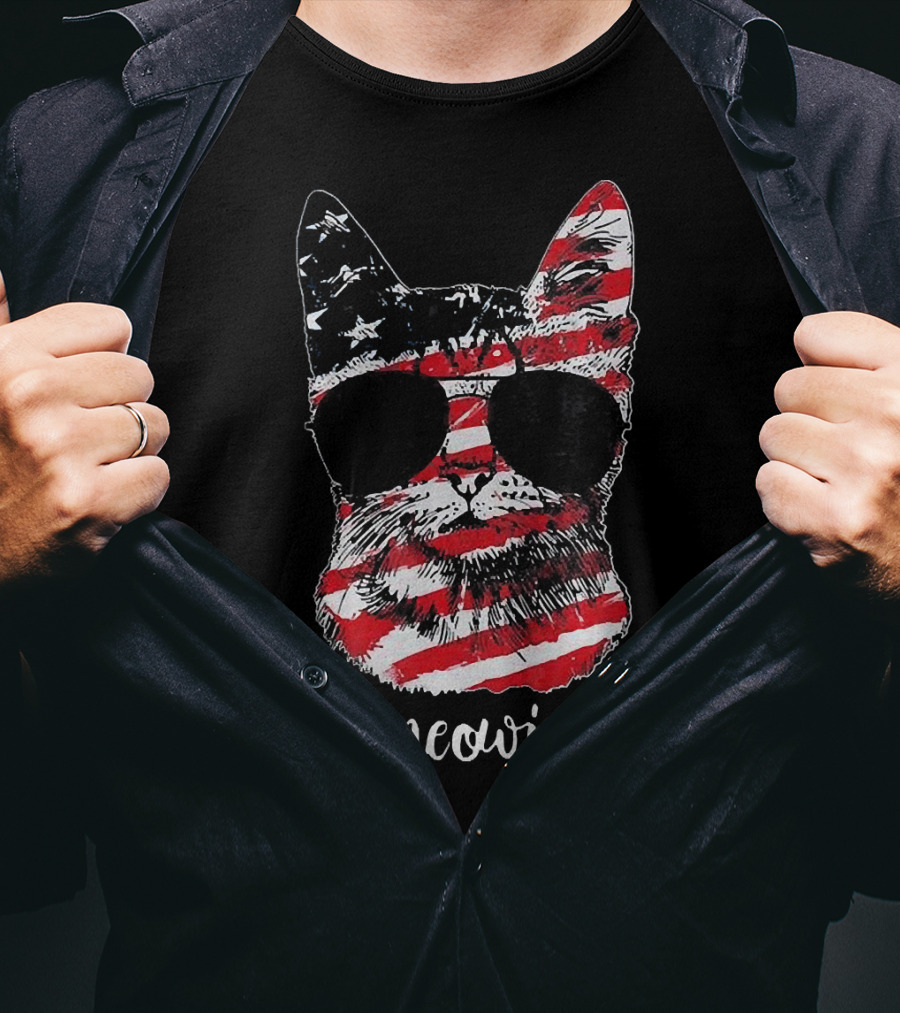 Ameowica Cat Wearing American Flag Pattern With Sunglasses T-Shirt
