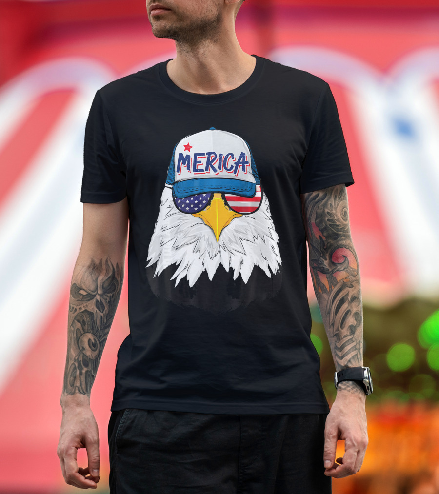 American Bald Eagle Merica Cap USA Flag Shades 4th Of July T-Shirt