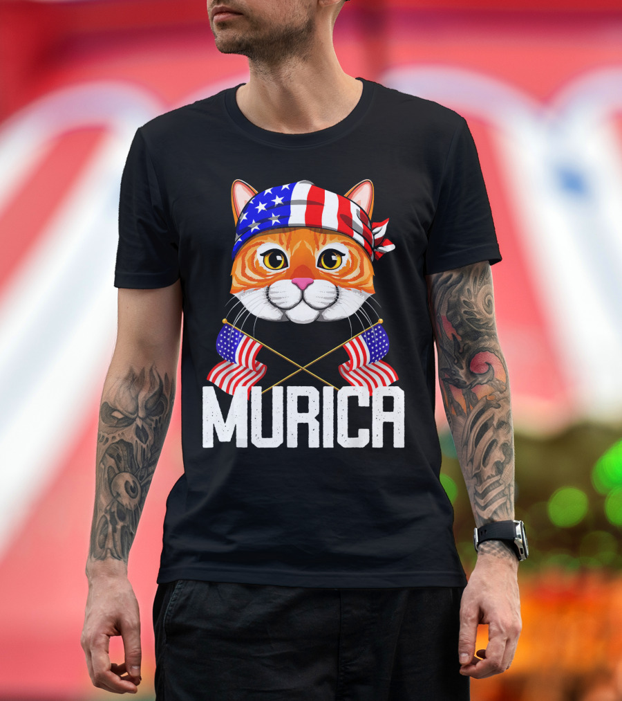 4th of July Murica Patriotic Cat with Bandana and Flags T-Shirt