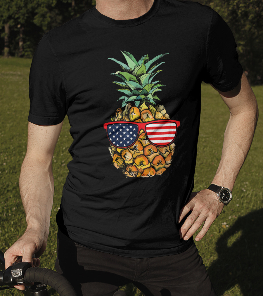 Funny Pineapple With American Flag Glasses Fourth Of July T-Shirt