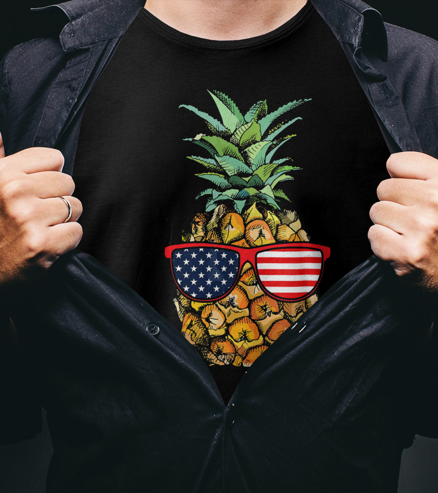 Funny Pineapple With American Flag Glasses Fourth Of July T-Shirt