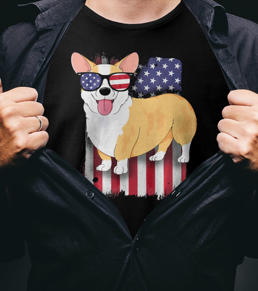 Corgi American Flag Sunglasses Patriotic Spirit T-Shirt