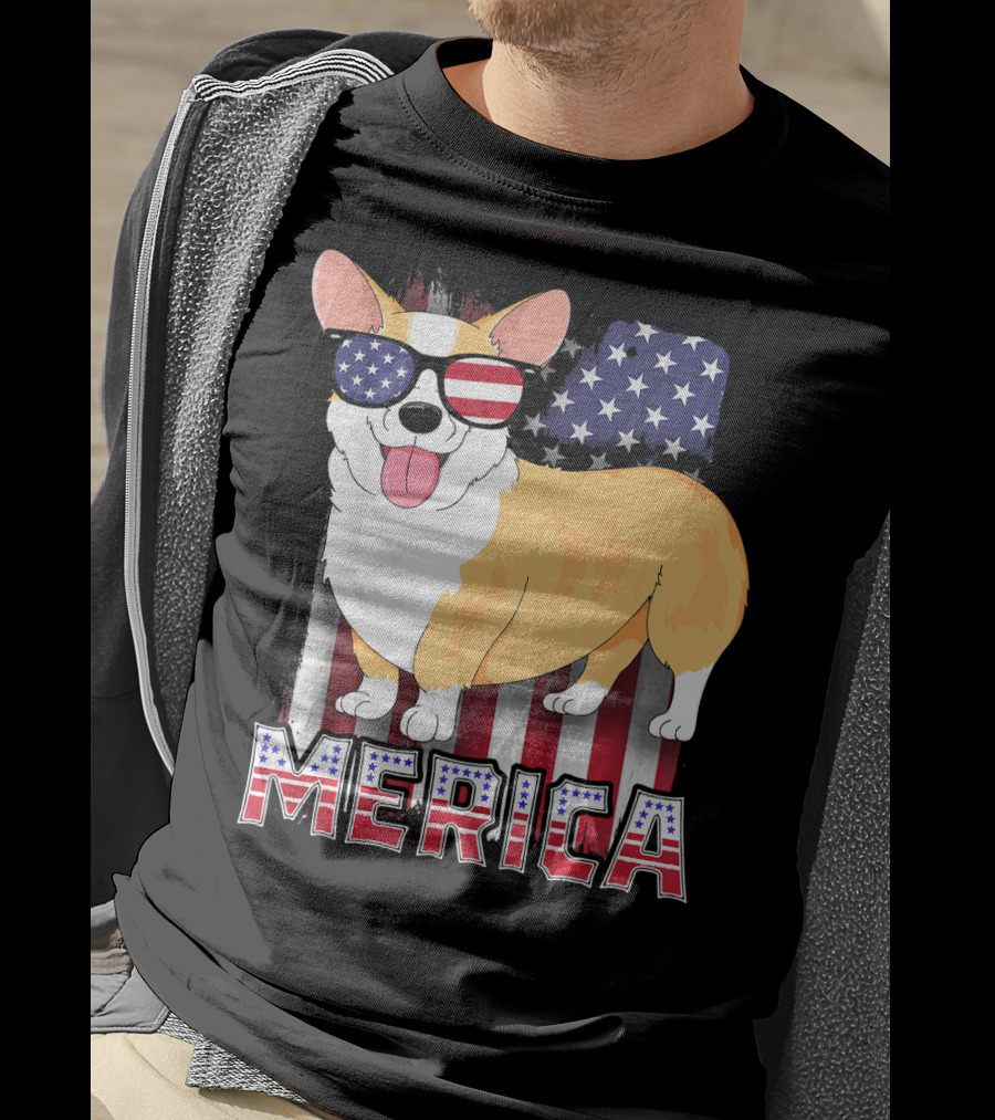 Corgi USA Merica Boys Patriotic Dog American Flag Sunglasses T-Shirt