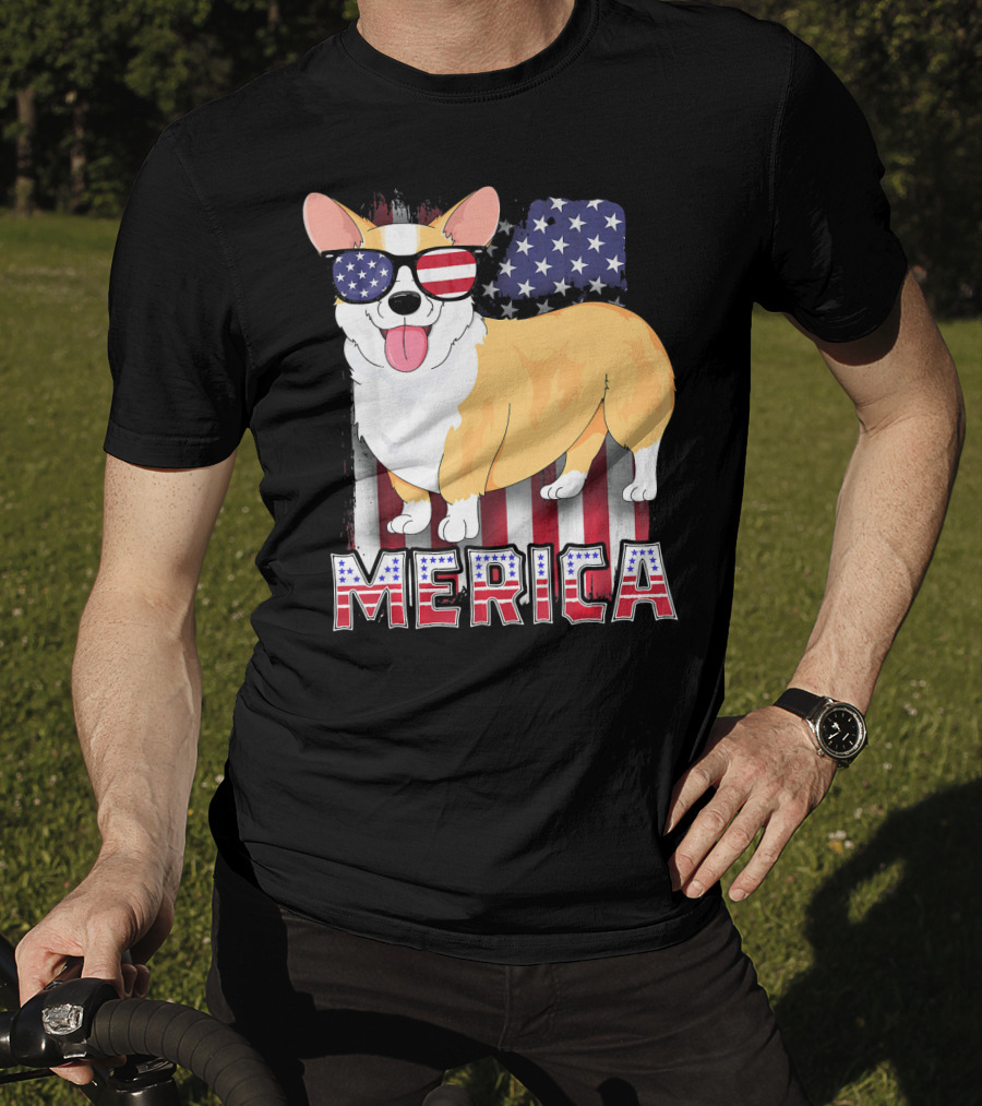 Corgi USA Merica Boys Patriotic Dog American Flag Sunglasses T-Shirt