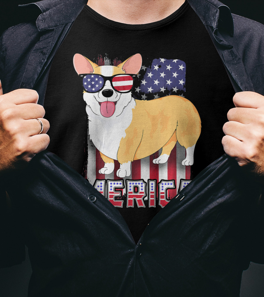 Corgi USA Merica Boys Patriotic Dog American Flag Sunglasses T-Shirt