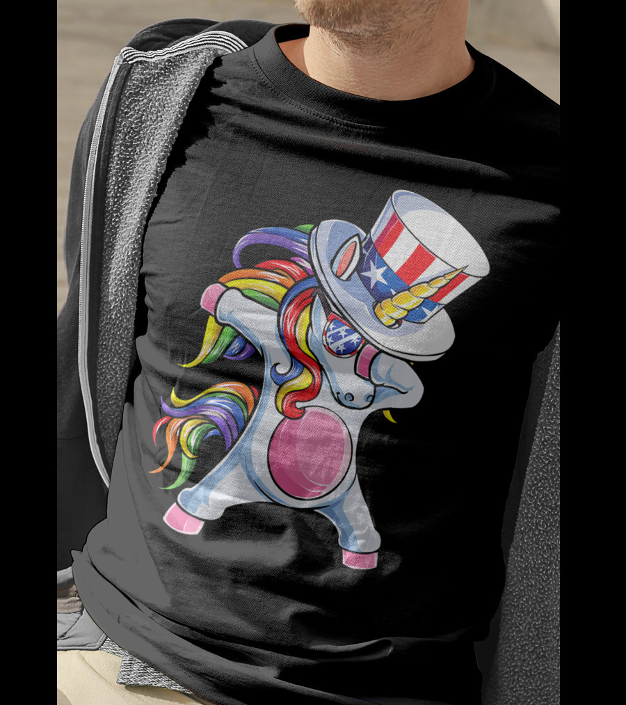 Dabbing Unicorn With Patriotic Uncle Sam Hat And Rainbow Mane T-Shirt