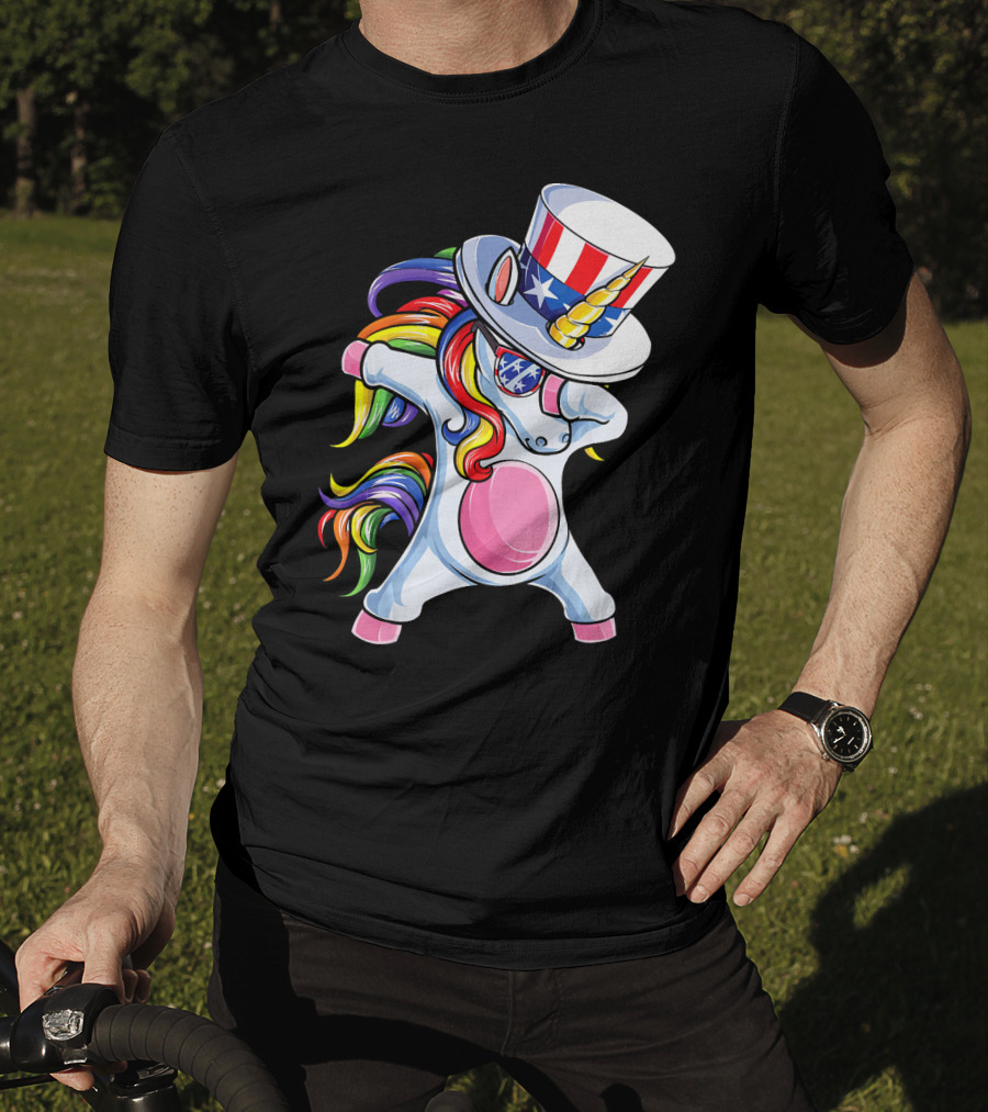 Dabbing Unicorn With Patriotic Uncle Sam Hat And Rainbow Mane T-Shirt