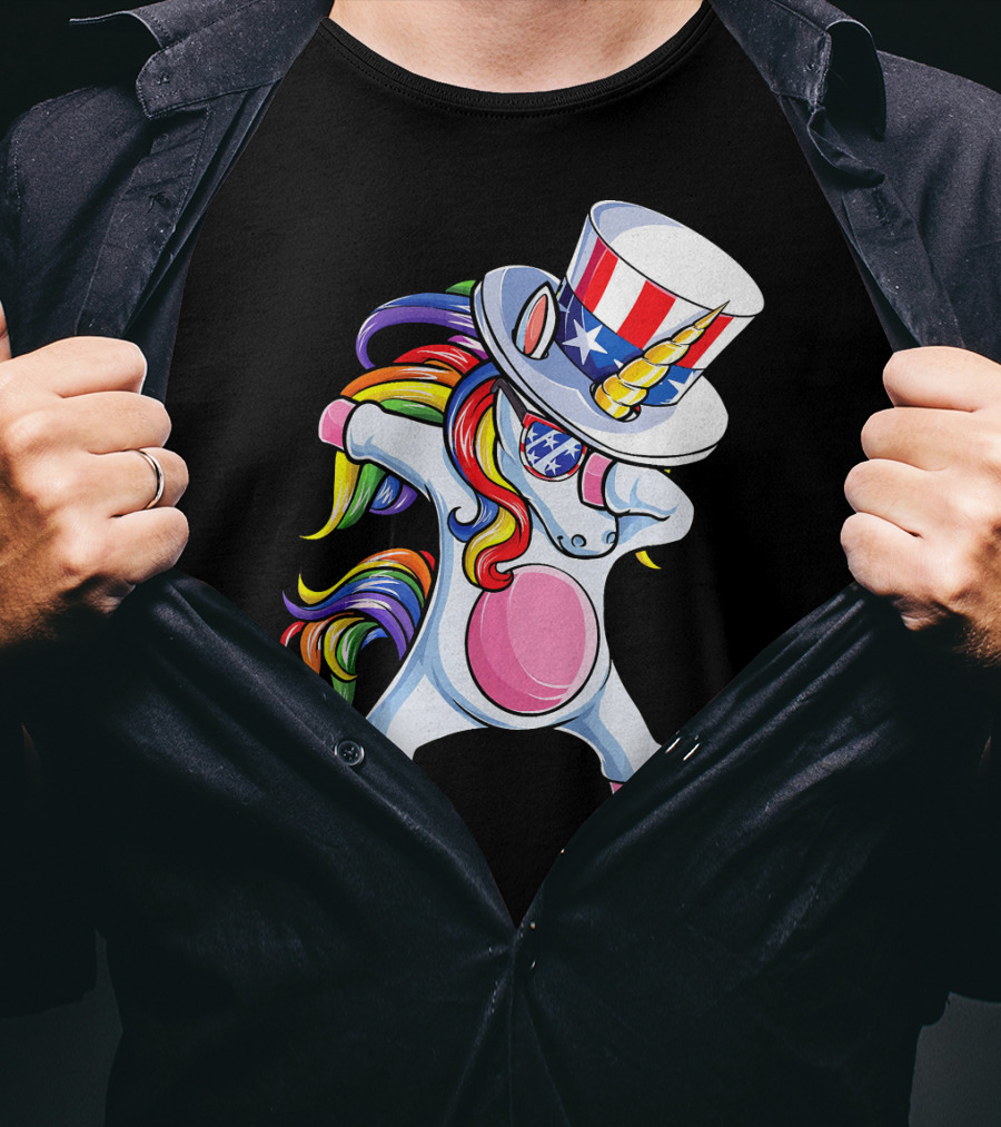 Dabbing Unicorn With Patriotic Uncle Sam Hat And Rainbow Mane T-Shirt