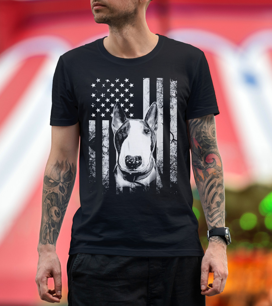 Bull Terrier American Flag 4th of July USA Dog T-Shirt
