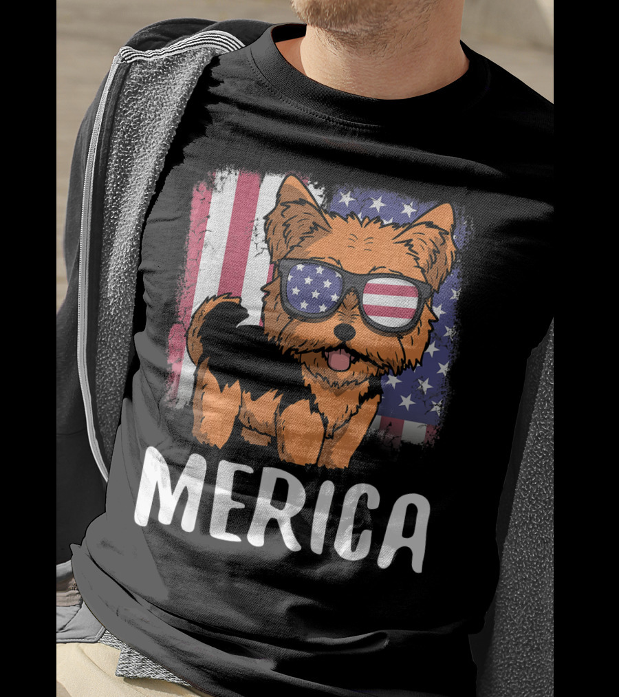 Merica Yorkie Dog American Flag Sunglasses USA T-Shirt
