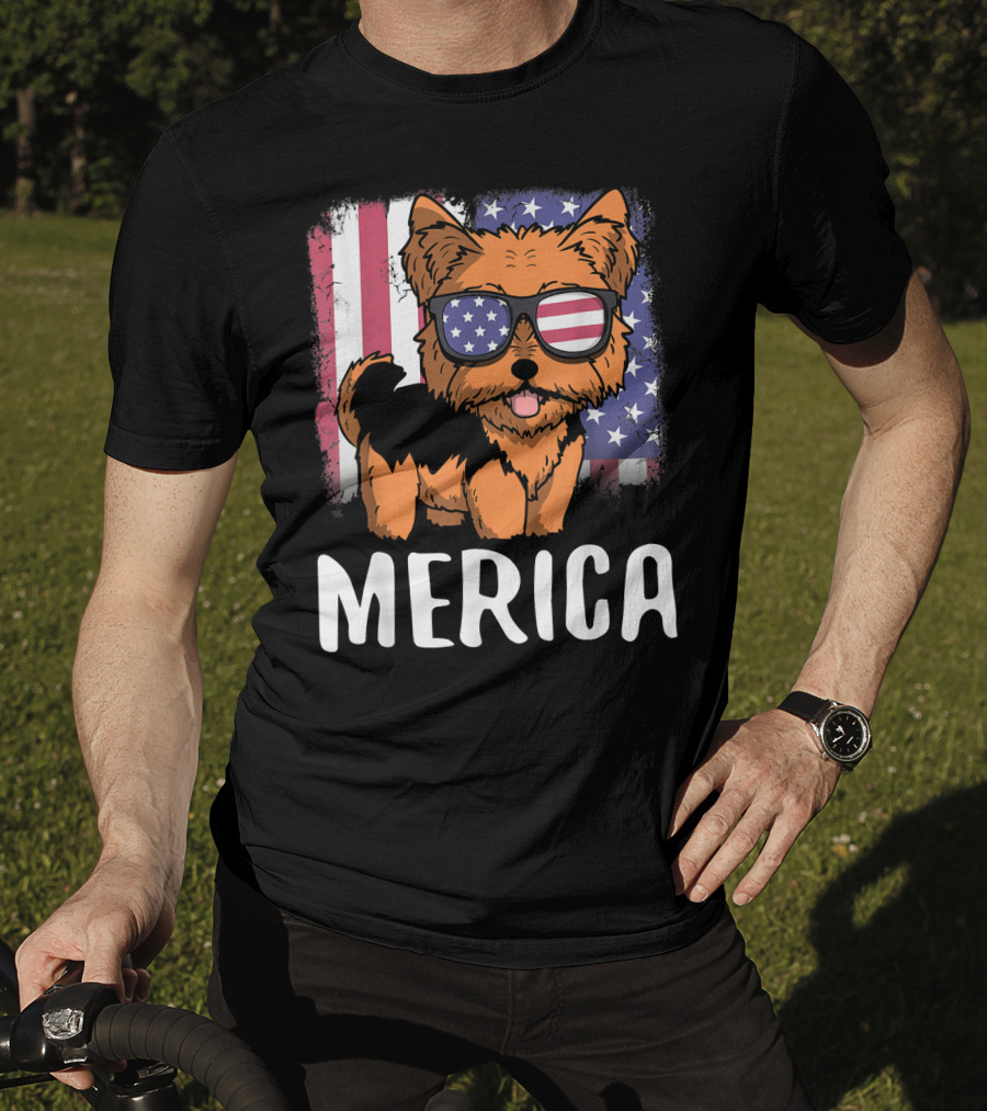 Merica Yorkie Dog American Flag Sunglasses USA T-Shirt