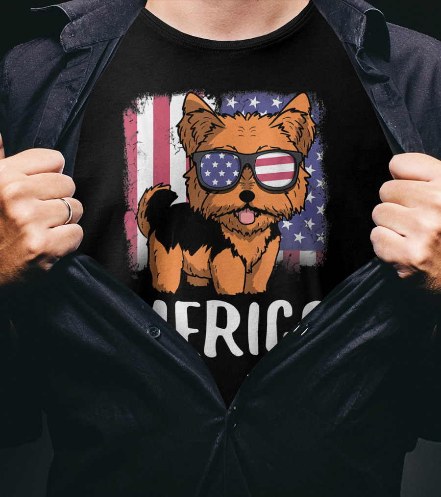 Merica Yorkie Dog American Flag Sunglasses USA T-Shirt