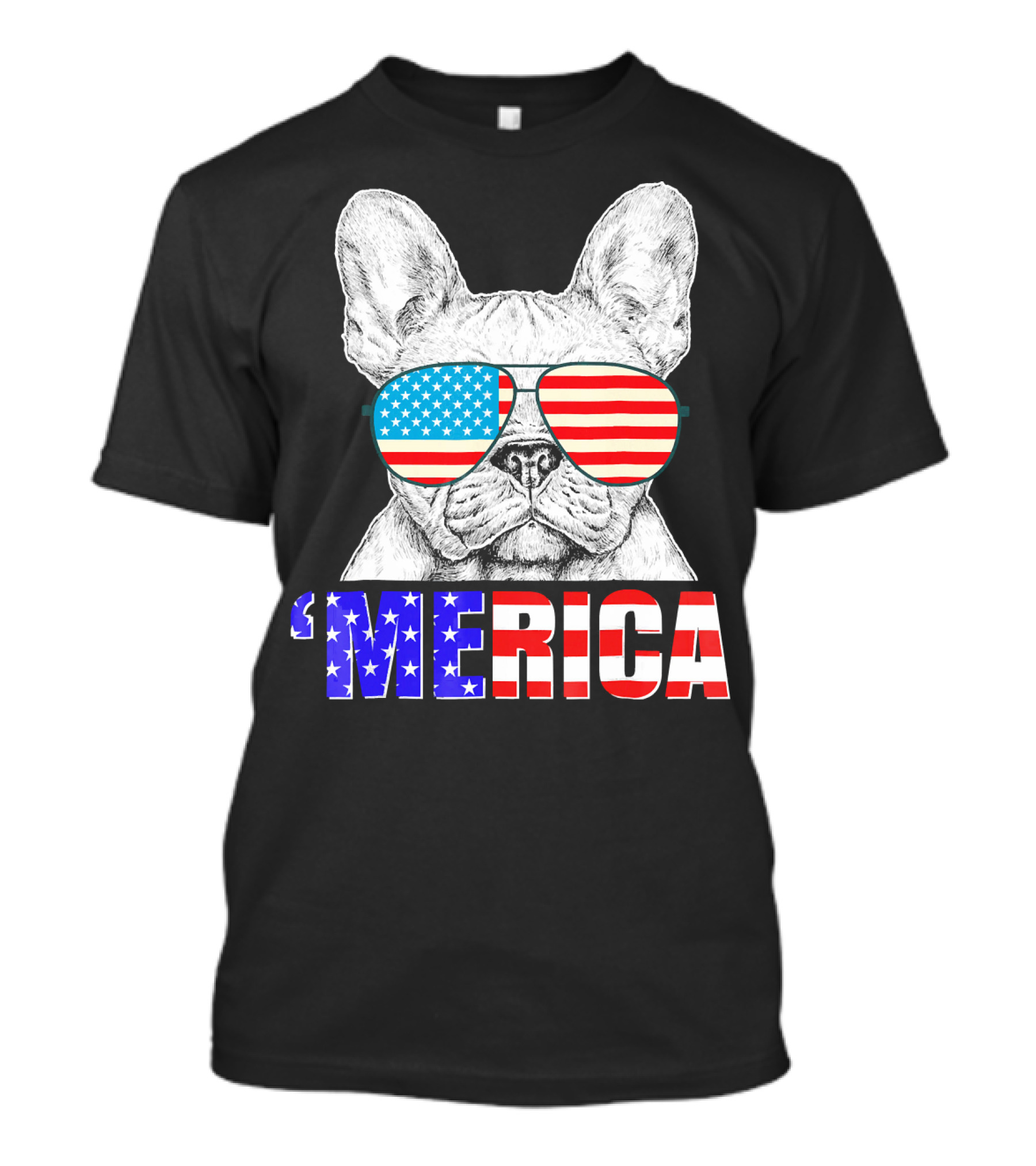 Funny French Bull Dog 'Merica With American Flag Sunglasses T-Shirt
