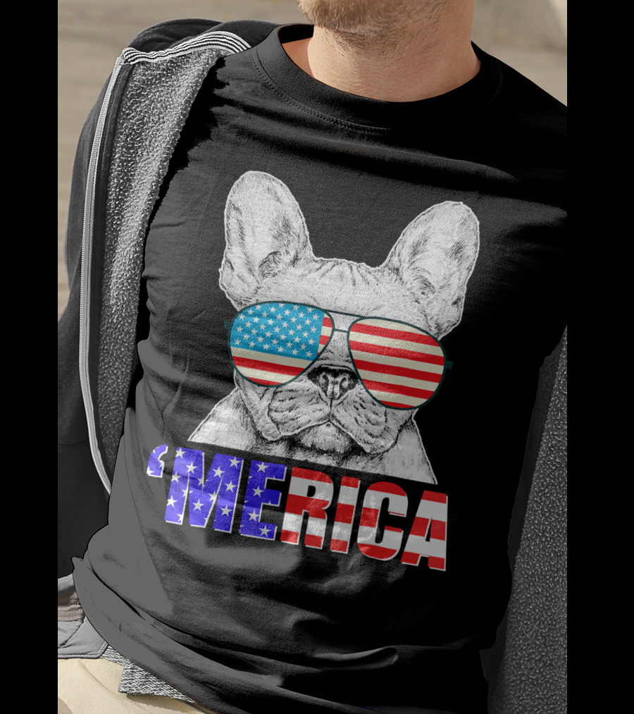 Funny French Bull Dog 'Merica With American Flag Sunglasses T-Shirt