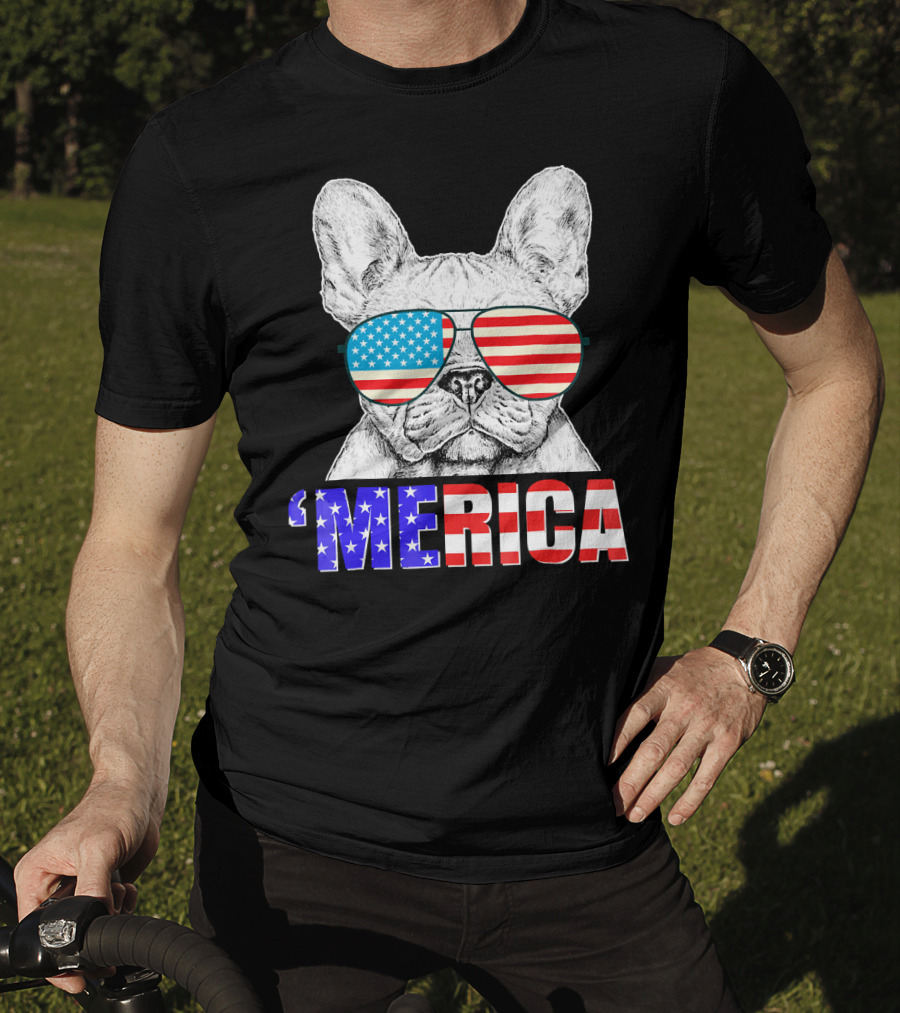 Funny French Bull Dog 'Merica With American Flag Sunglasses T-Shirt