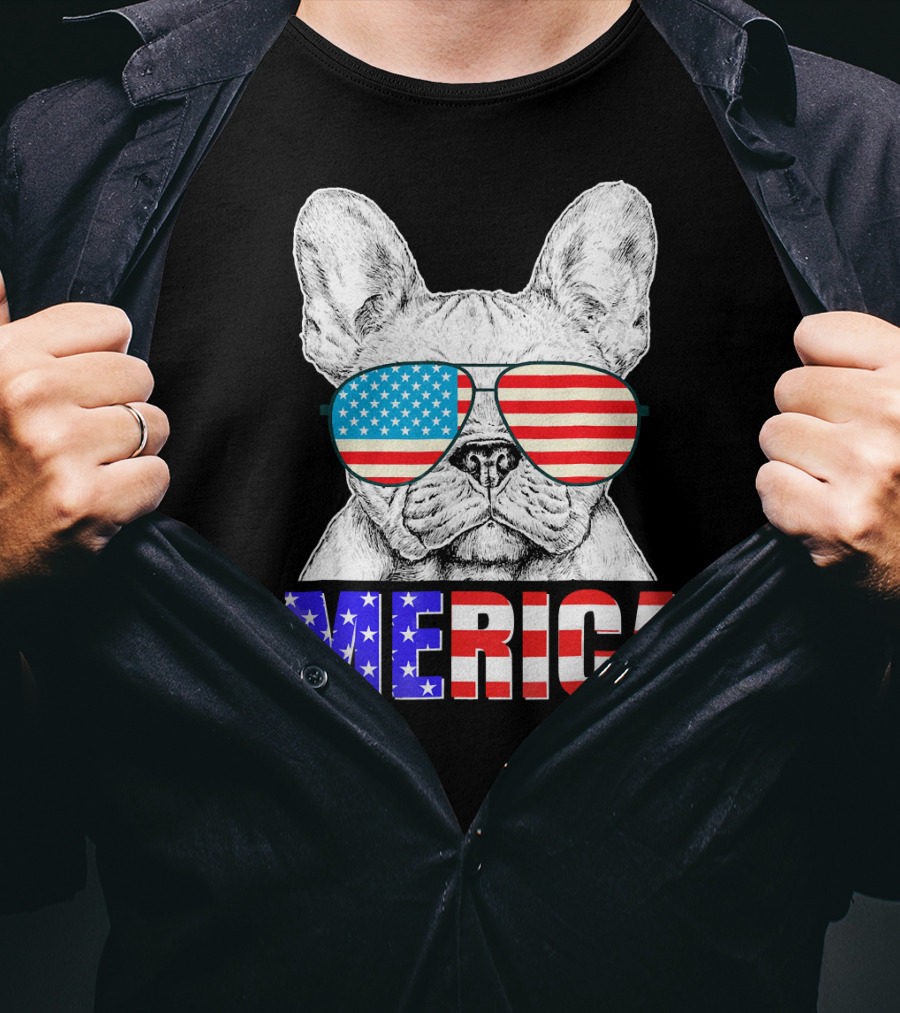 Funny French Bull Dog 'Merica With American Flag Sunglasses T-Shirt