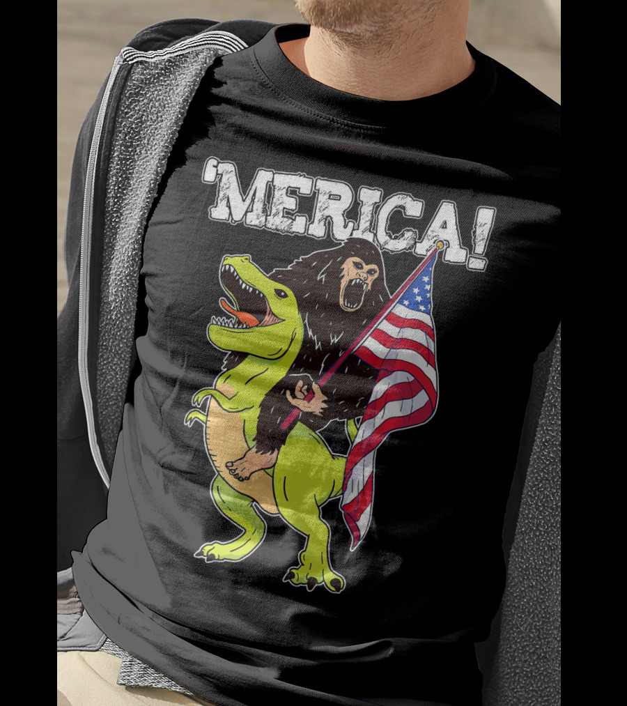 'Merica Bigfoot Dinosaur Fourth Of July Patriot T-Shirt