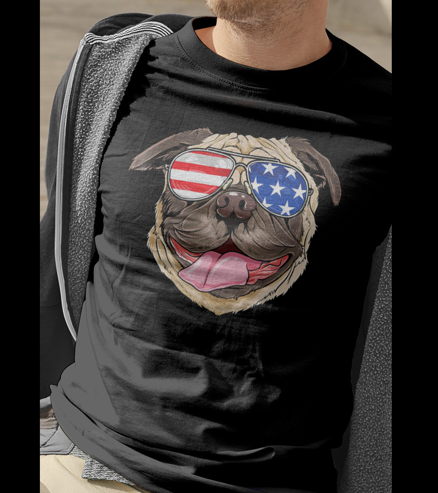 Patriotic Pug With American Flag Sunglasses T-Shirt