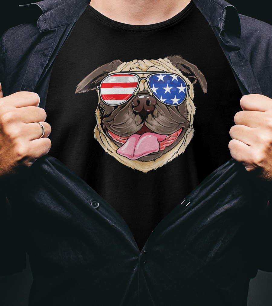 Patriotic Pug With American Flag Sunglasses T-Shirt