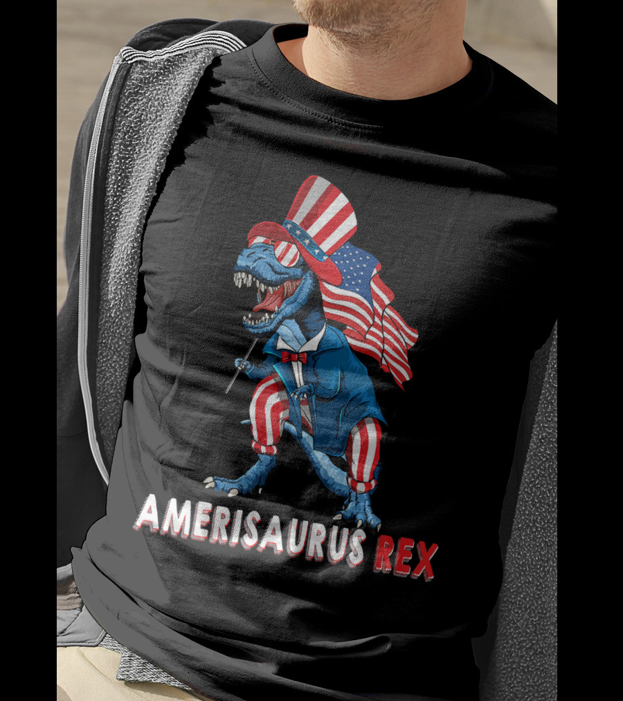 Amerisaurus Rex Dinosaur Uncle Sam USA Flag Independence Day T-Shirt