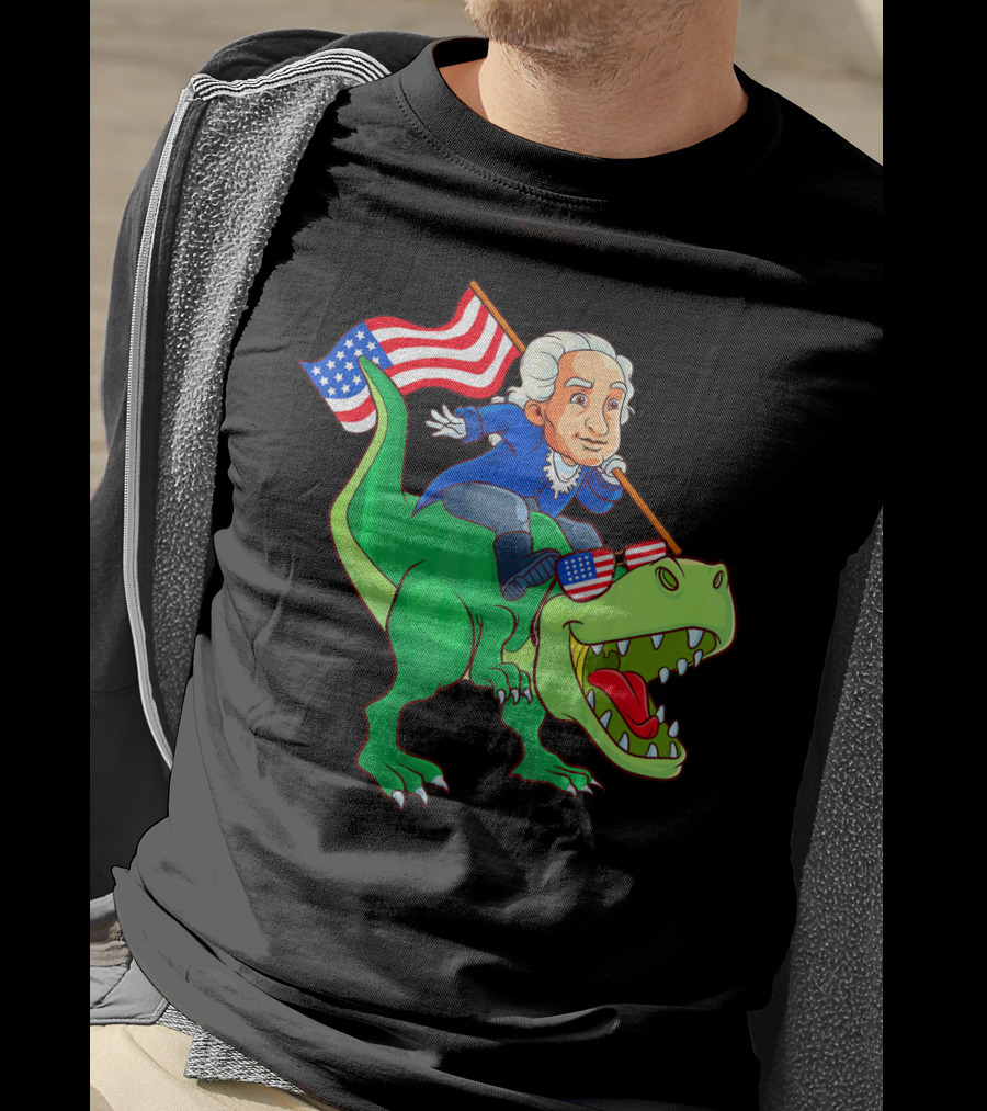 George Washington Riding Rex Dinosaur With American Flag And Sunglasses T-Shirt