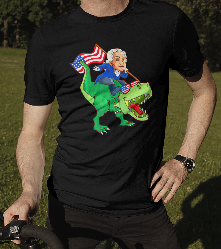 George Washington Riding Rex Dinosaur With American Flag And Sunglasses T-Shirt