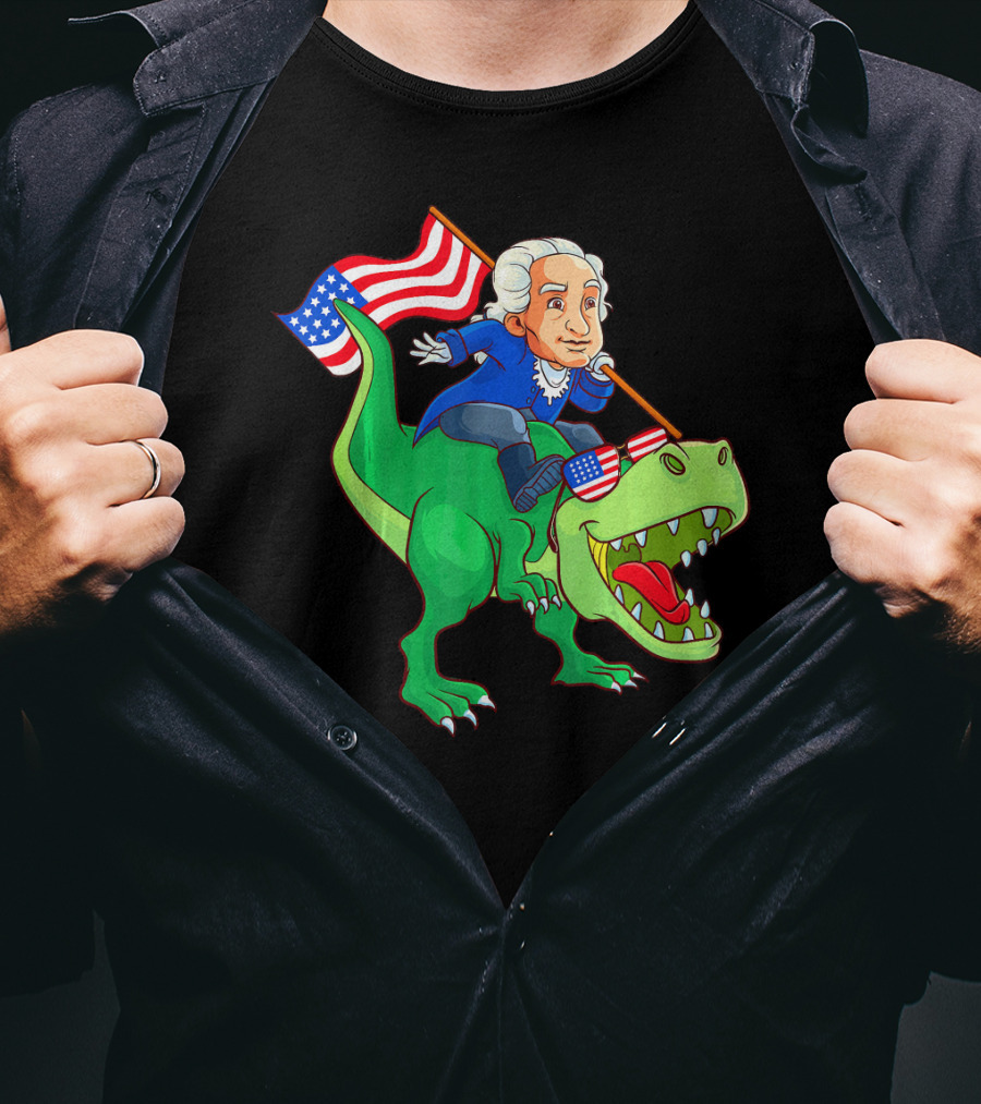George Washington Riding Rex Dinosaur With American Flag And Sunglasses T-Shirt