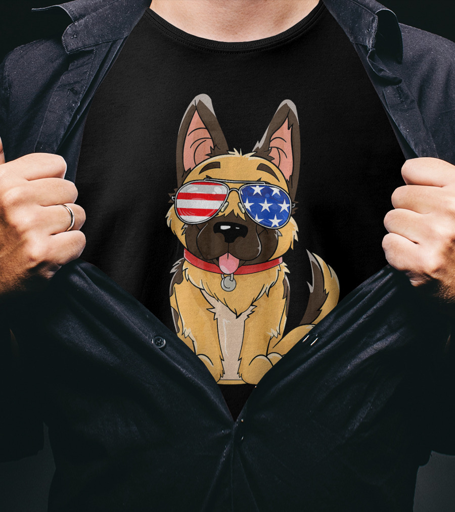 German Shepherd USA Flag Sunglasses T-Shirt