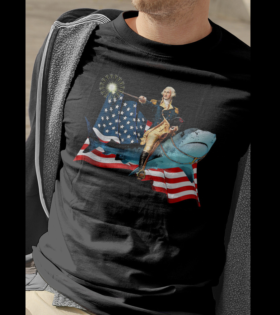 George Washington Patriotically Riding Shark With American Flag T-Shirt