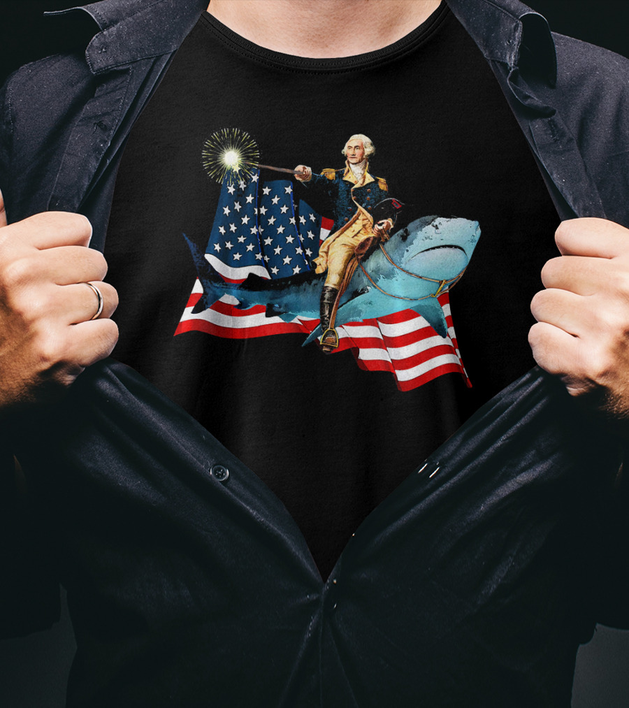 George Washington Patriotically Riding Shark With American Flag T-Shirt