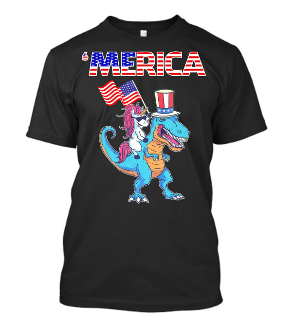 Unicorn Dinosaur With American Flags And Patriotic Hat 'Merica 4th Of July T-Shirt