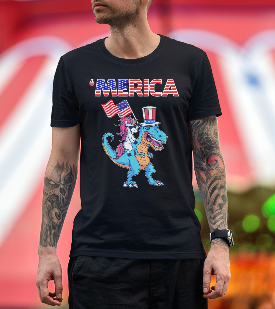 Unicorn Dinosaur with American Flags and Patriotic Hat 'Merica 4th of July T-Shirt