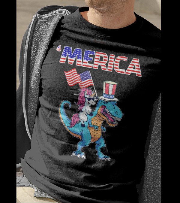 Unicorn Dinosaur With American Flags And Patriotic Hat 'Merica 4th Of July T-Shirt