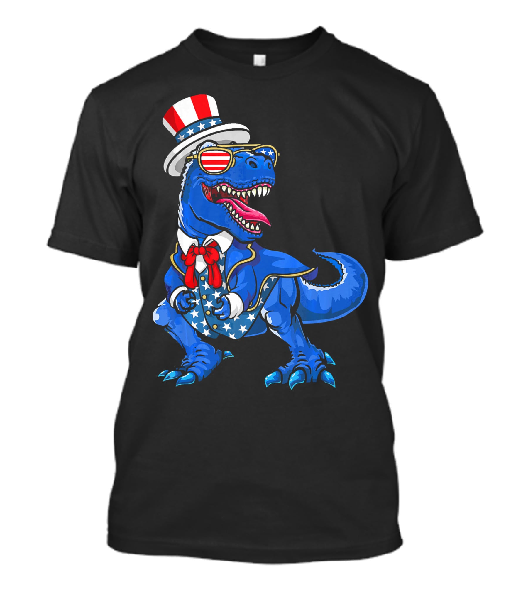 Patriotic Dinosaur With American Flag Hat And Glasses T-Shirt