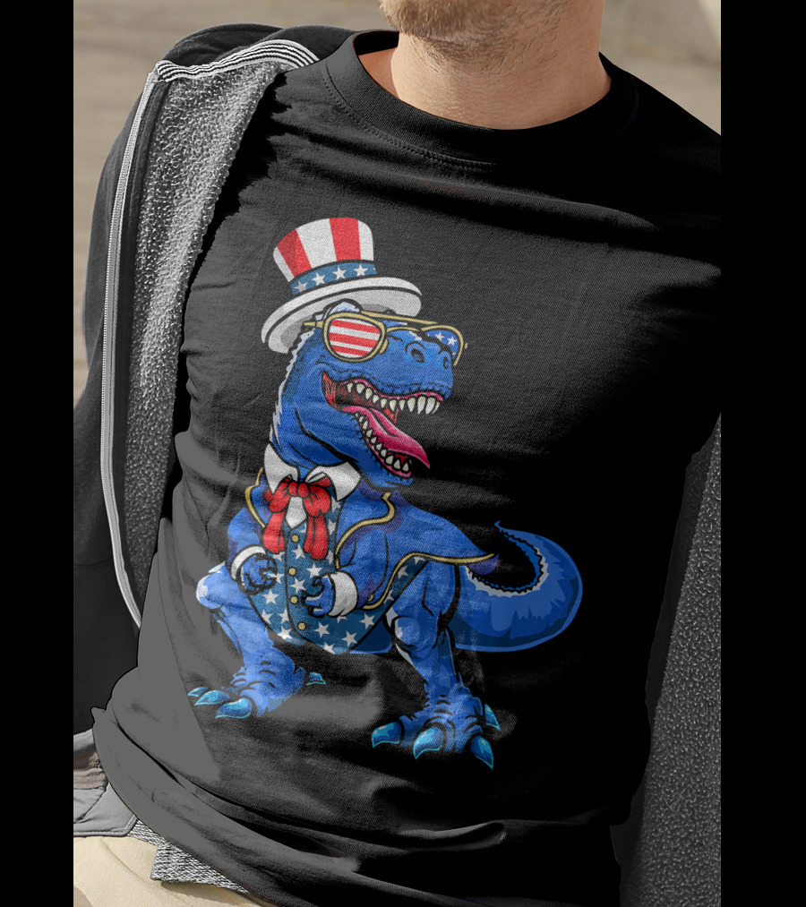 Patriotic Dinosaur With American Flag Hat And Glasses T-Shirt