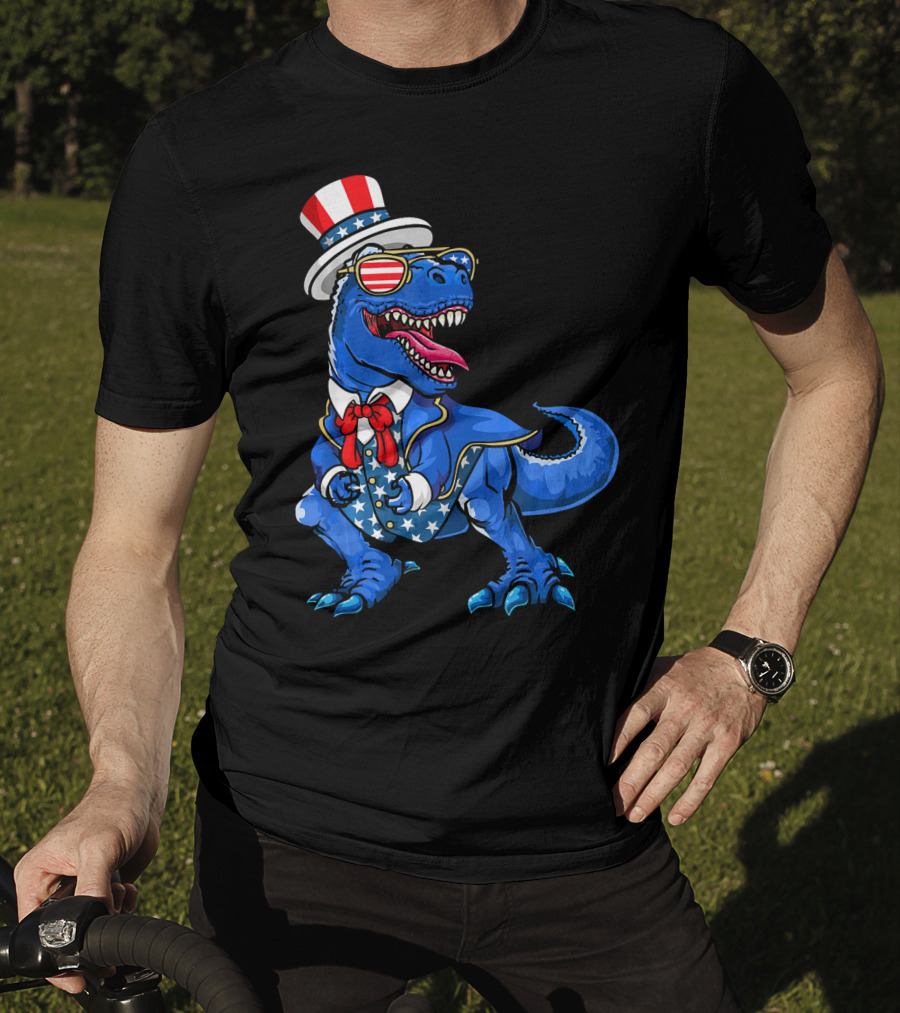 Patriotic Dinosaur With American Flag Hat And Glasses T-Shirt