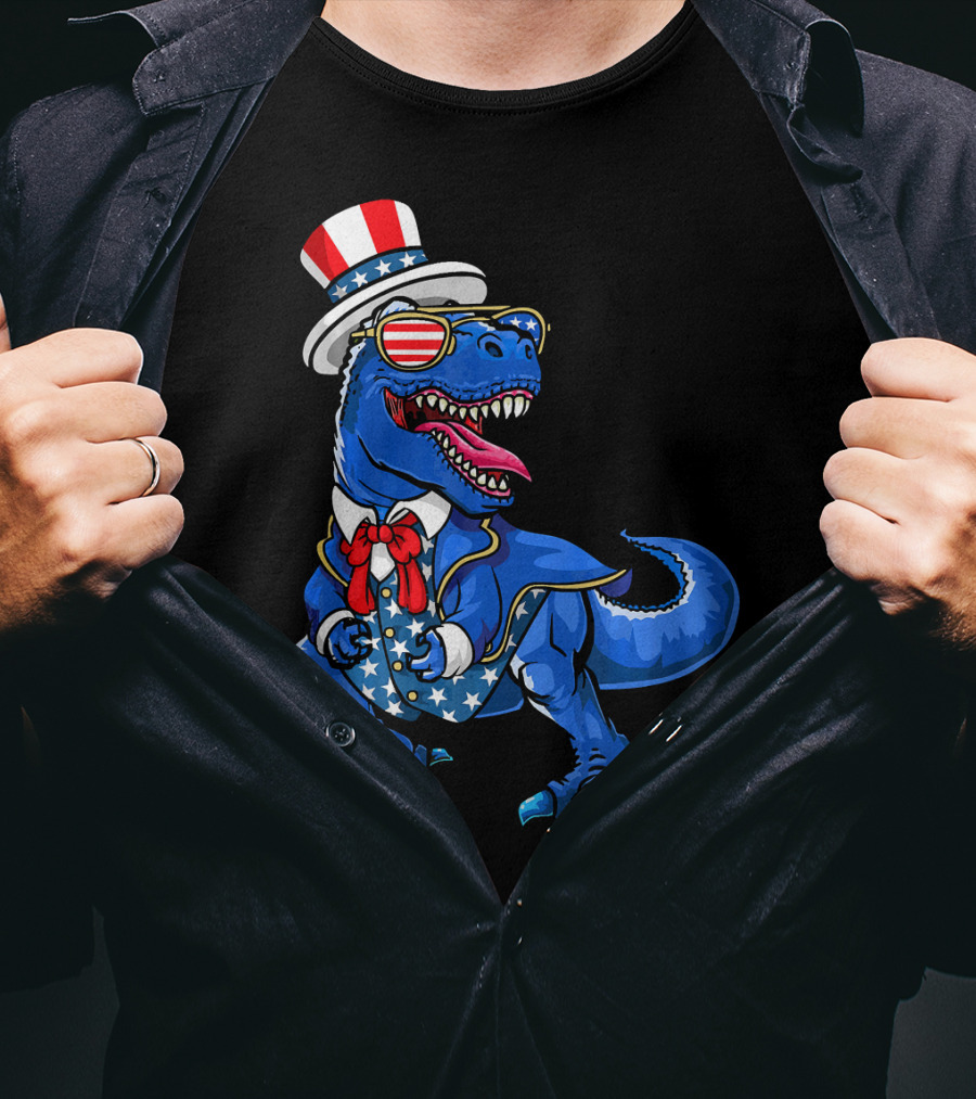 Patriotic Dinosaur With American Flag Hat And Glasses T-Shirt