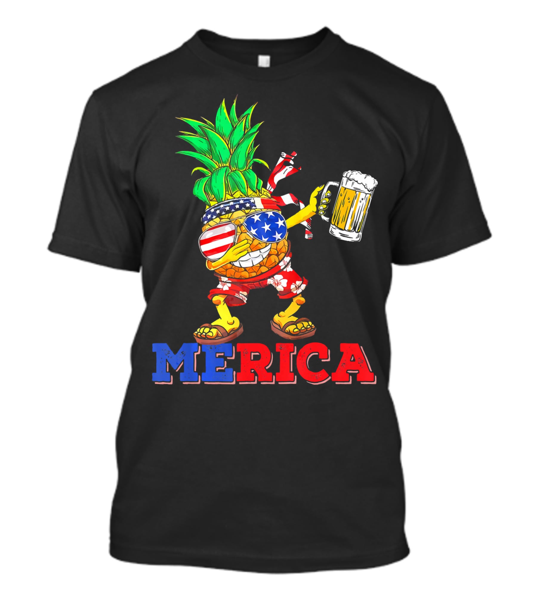 Merica Dabbing Pineapple US Flag Sunglasses Beer Mug Hawaiian Shorts T-Shirt