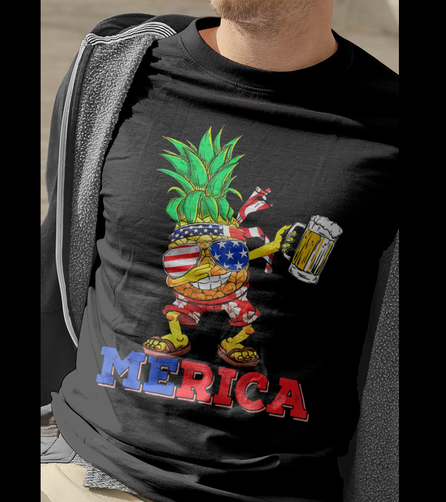 Merica Dabbing Pineapple US Flag Sunglasses Beer Mug Hawaiian Shorts T-Shirt