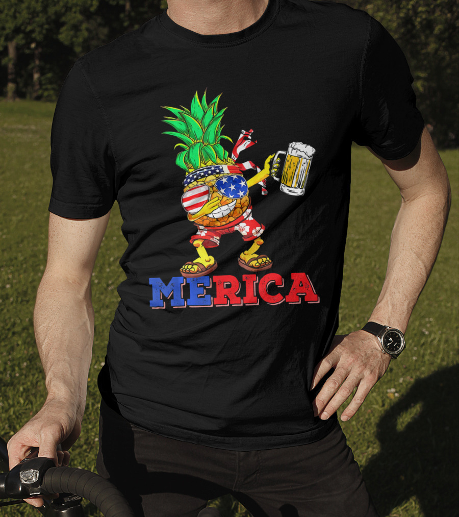 Merica Dabbing Pineapple US Flag Sunglasses Beer Mug Hawaiian Shorts T-Shirt