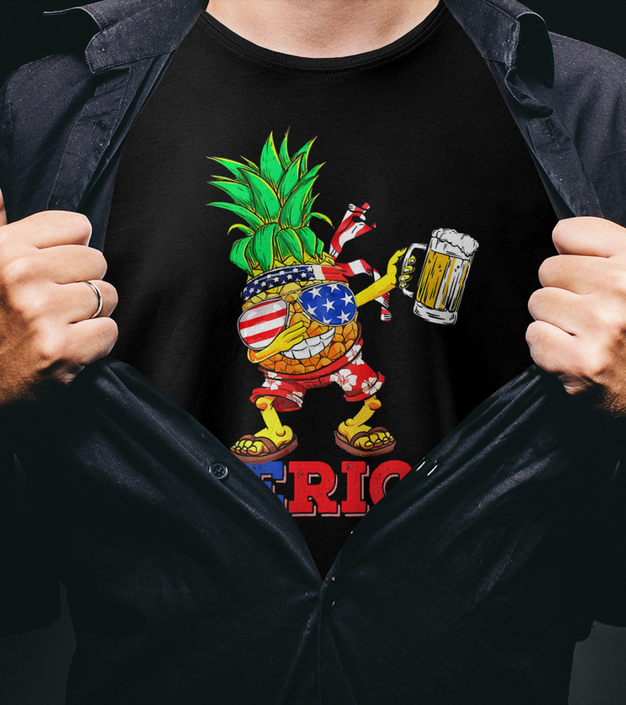 Merica Dabbing Pineapple US Flag Sunglasses Beer Mug Hawaiian Shorts T-Shirt