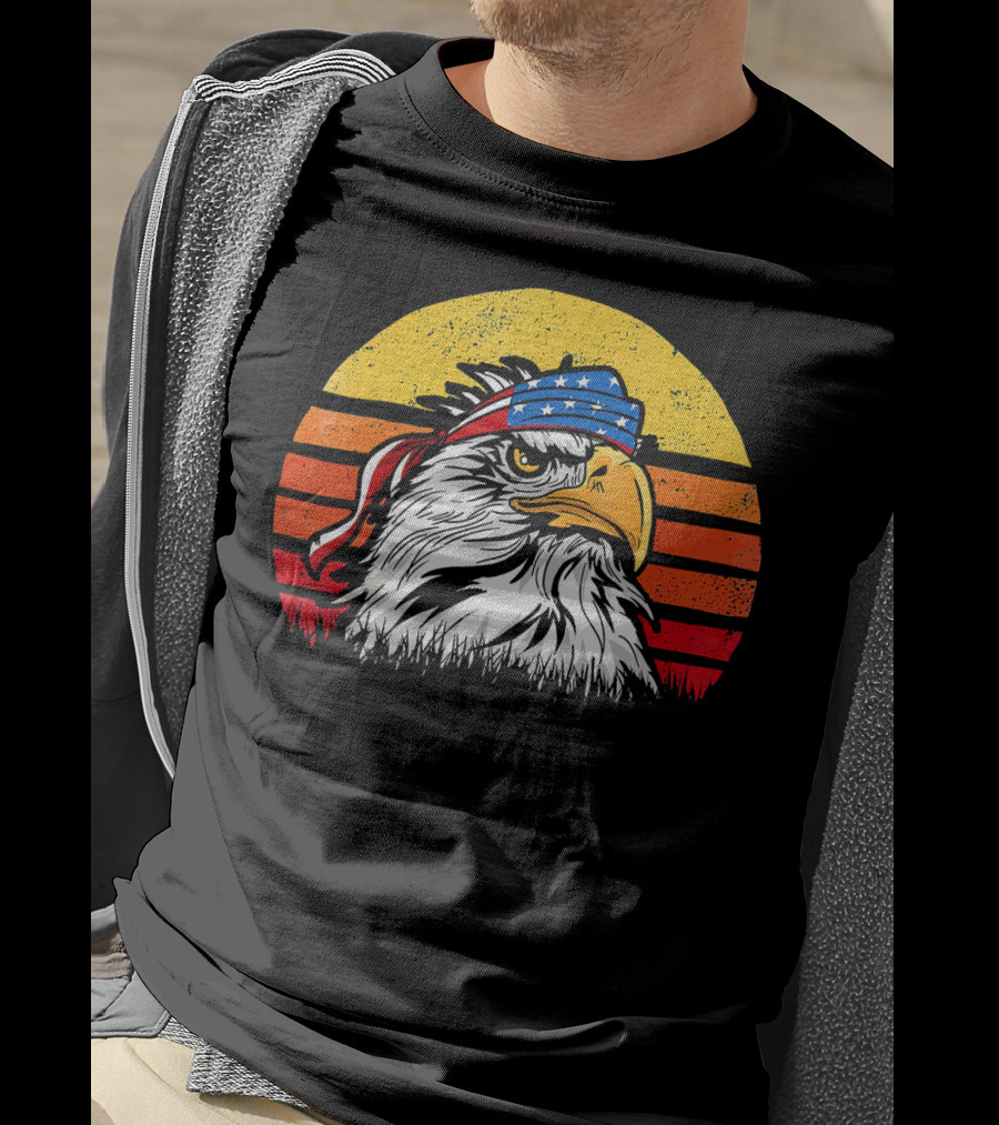 Retro Mullet Eagle With American Flag Bandana And Sunburst Patriotic T-Shirt