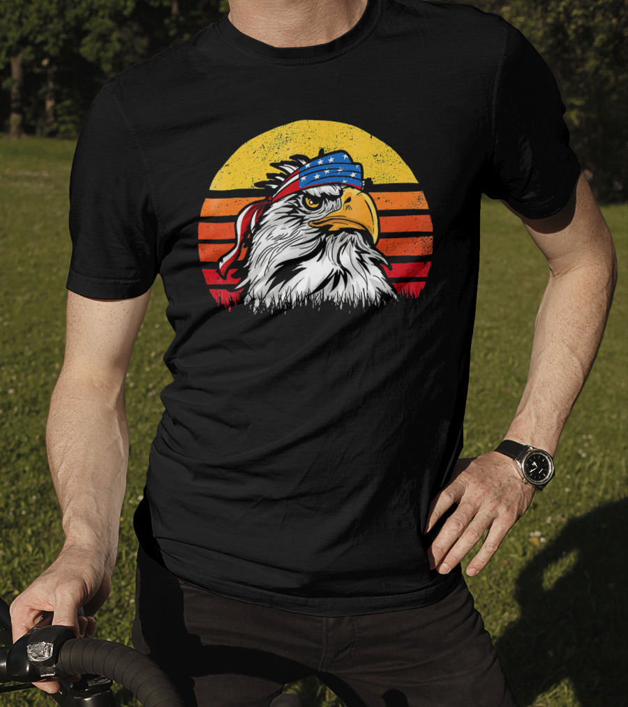 Retro Mullet Eagle With American Flag Bandana And Sunburst Patriotic T-Shirt