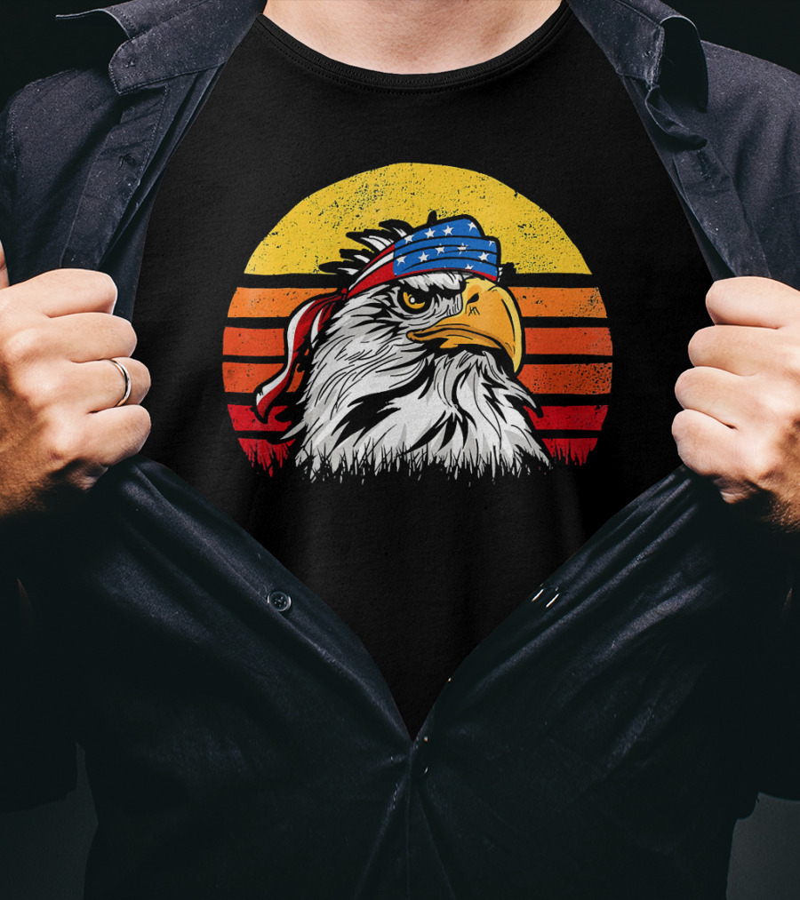 Retro Mullet Eagle With American Flag Bandana And Sunburst Patriotic T-Shirt