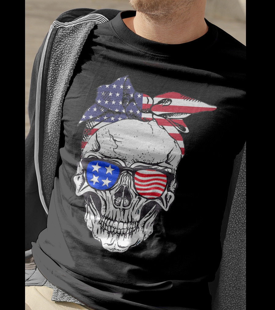 Patriotic Skull American Flag Bandana Sunglasses T-Shirt