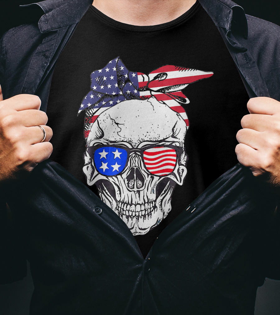 Patriotic Skull American Flag Bandana Sunglasses T-Shirt